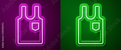 Glowing neon line Sleeveless T-shirt icon isolated on purple and green background. Vector Illustration