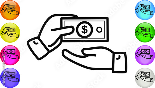 Hand Giving Cash Money in Dollar Banknote. Money exchange, transfer, help, donation, cash payment and charity concept. Vector illustration EPS 10.