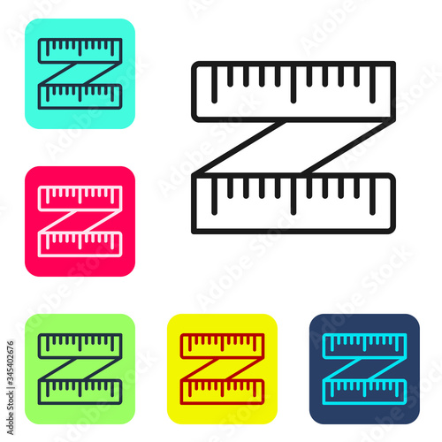 Black line Tape measure icon isolated on white background. Measuring tape. Set icons in color square buttons. Vector Illustration