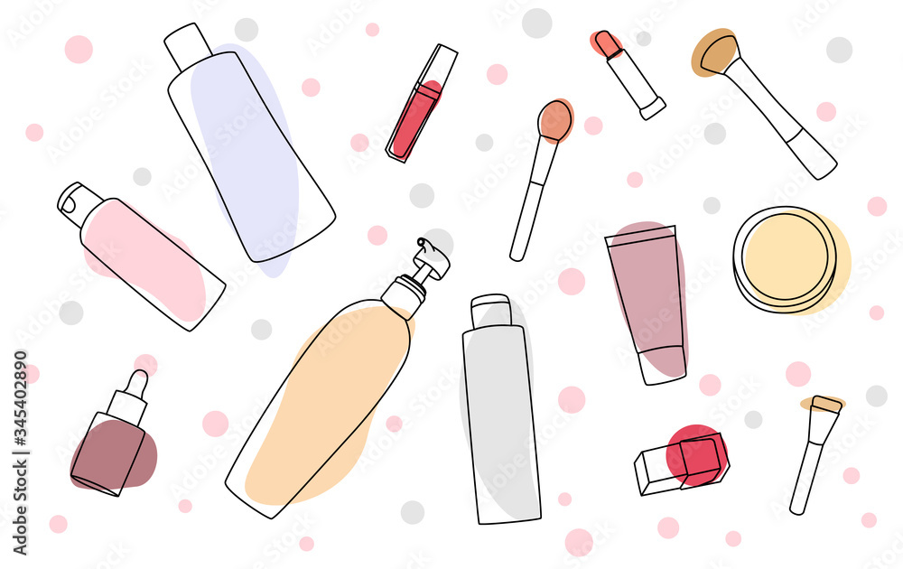 Skin care and make up products. Beauty set. Set of bottles. Skin care and make up products. Beauty set. Set of bottles.