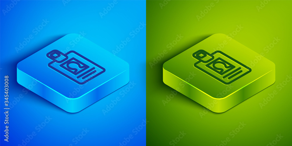 Isometric line Identification badge icon isolated on blue and green background. It can be used for presentation, identity of the company, advertising. Square button. Vector Illustration Isometric line Identification badge icon isolated on blue and green background. It can be used for presentation, identity of the company, advertising. Square button. Vector Illustration