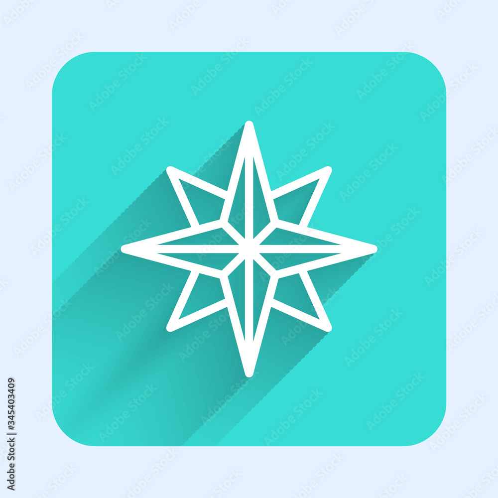 White line Wind rose icon isolated with long shadow. Compass icon for travel. Navigation design. Green square button. Vector Illustration