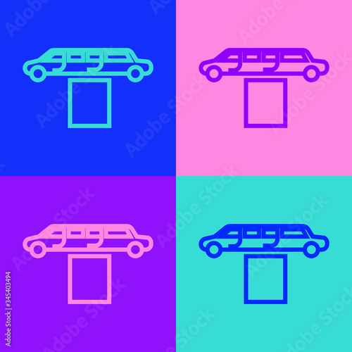 Pop art line Luxury limousine car and carpet icon isolated on color background. For world premiere celebrities and guests poster. Vector Illustration