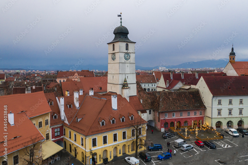 View to the Tower of Council of Sibiu during a sunny day