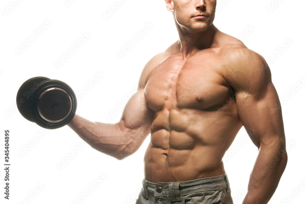 Close-up of a power fitness man's biceps. Muscular bodybuilder guy doing exercises with dumbbell over white background. Strength and motivation