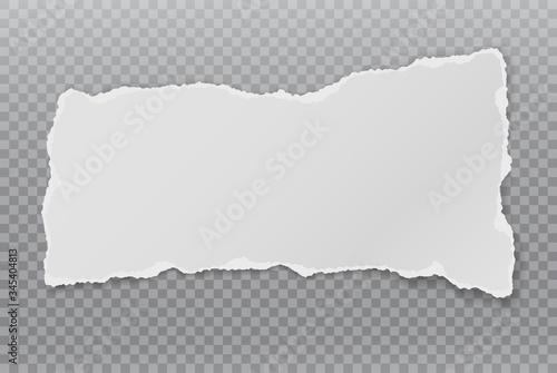 Piece of torn white horizontal note, notebook paper with soft shadow stuck on dark squared background. Vector illustration