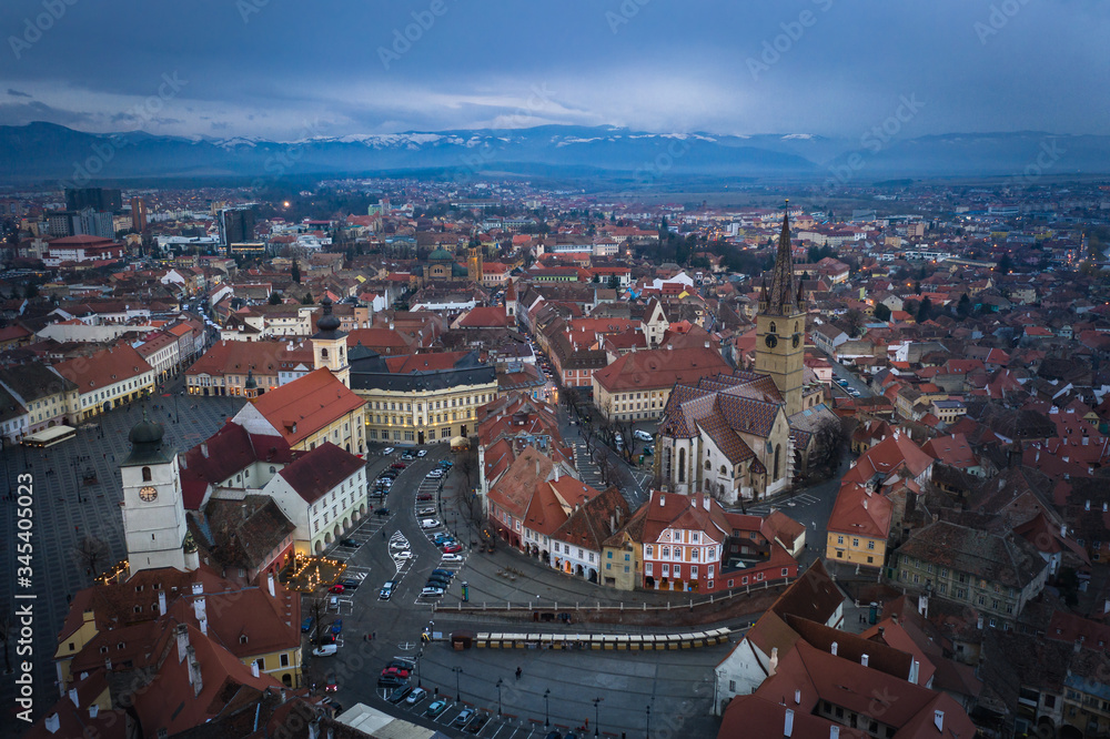 Sibiu, Romania aerial view of downtown Sibiu, Romania aerial view of downtown