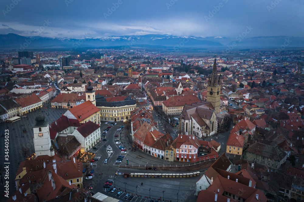 Sibiu, Romania aerial view of downtown