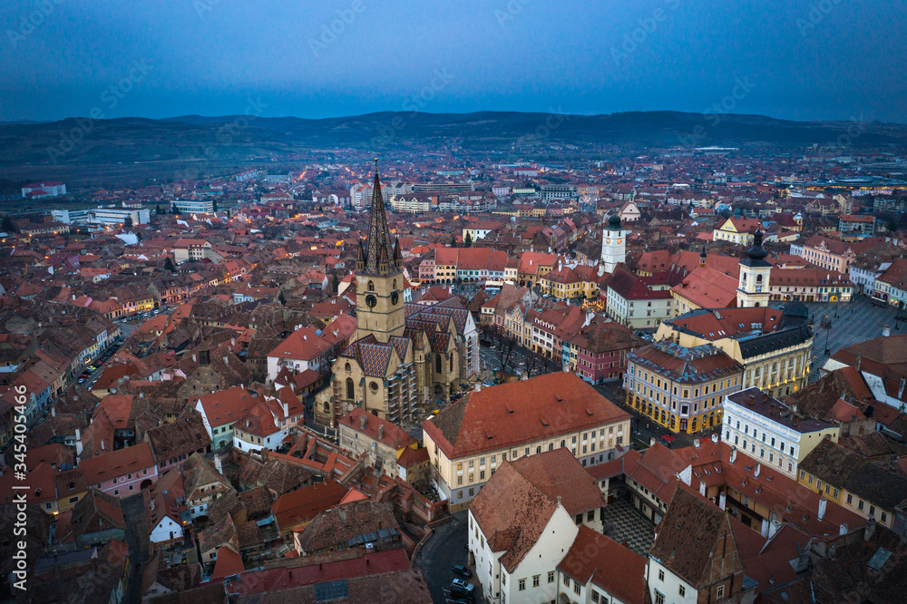 Sibiu, Romania aerial view of downtown at night time