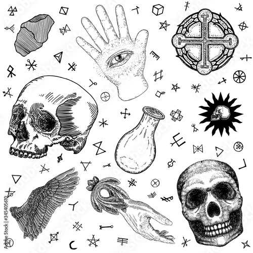 Witchcraft set of occult medium reader equipment. Alchemy, religion and spirituality occultism. Witch magic elements set. Human skull, glass potion cup, palmistry reader hand, woman witch palm. Vector