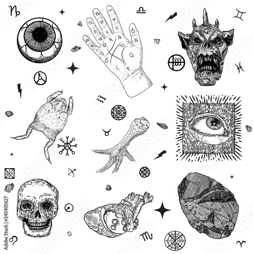 Occult alchemy symbols elements set. Human eye, anatomical heart and skull, palmistry hand, frog, chicken toes, all seeing eye,  and magic stone or crystal. Spiritual occultism and chemistry. Vector.