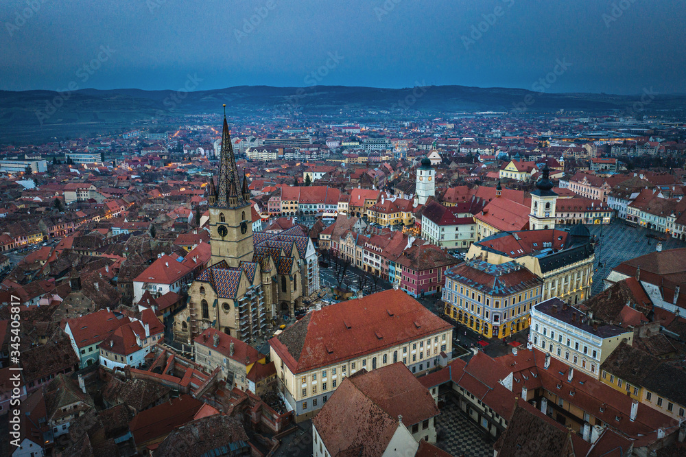 Aerial overview of the Evanghelical Lutheran Cathedral  at Sibiu, Romania