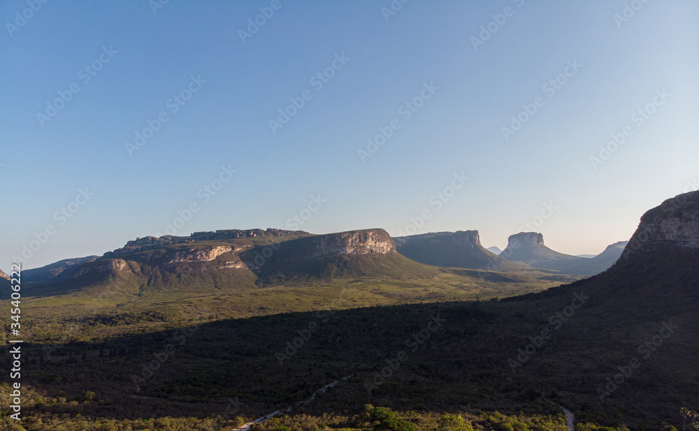 Beautiful aerial from canyon mountains of Chapada Diamantina countryside landscape. Bahia Brazil. Drone slowly moving down