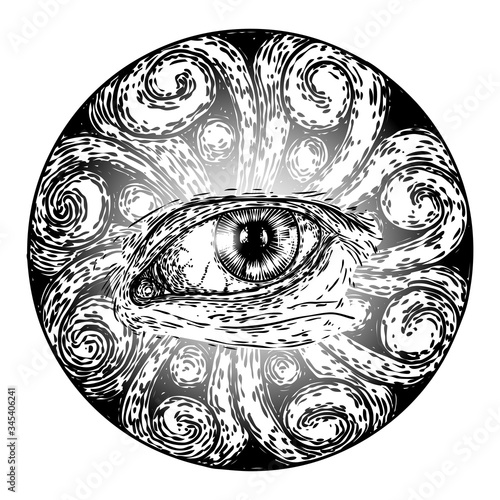 All seeing eye symbol element variation. Alchemy, religion, spirituality and occultism tattoo ink art. Vision of providence and conspiracy theory. Hand drawing in flash tattoo style artwork. Vector.