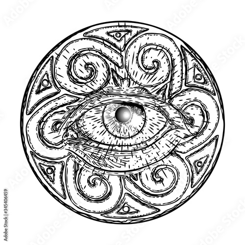 All seeing eye symbol element variation. Alchemy, religion, spirituality and occultism tattoo ink art. Vision of providence and conspiracy theory. Hand drawing in flash tattoo style artwork. Vector.