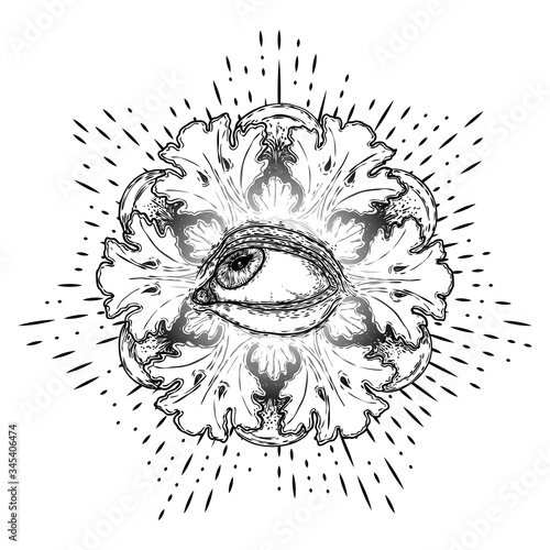 All seeing eye symbol element variation. Alchemy, religion, spirituality and occultism tattoo ink art. Vision of providence and conspiracy theory. Hand drawing in flash tattoo style artwork. Vector.