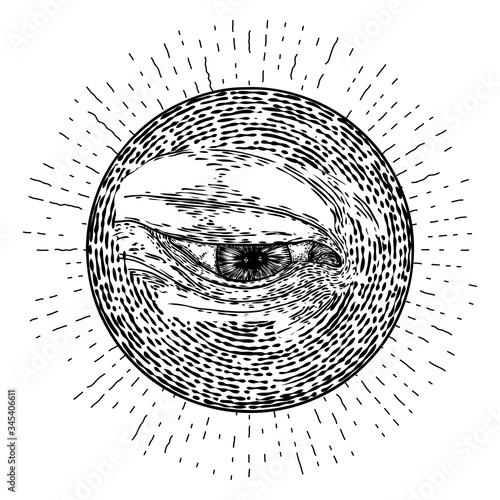 All seeing eye symbol element variation. Alchemy, religion, spirituality and occultism tattoo ink art. Vision of providence and conspiracy theory. Hand drawing in flash tattoo style artwork. Vector.