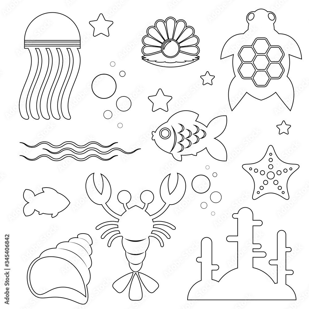 black and white image of marine life and objects of the marine world isolated on a white background. Silhouettes of subjects of marine subjects. Vector illustration black and white image of marine life and objects of the marine world isolated on a white background. Silhouettes of subjects of marine subjects. Vector illustration