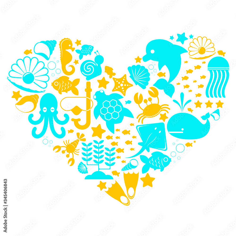 
icons of the underwater world and sea inhabitants laid out in the shape of a heart in bright color isolated on a white background. Vector illustration
