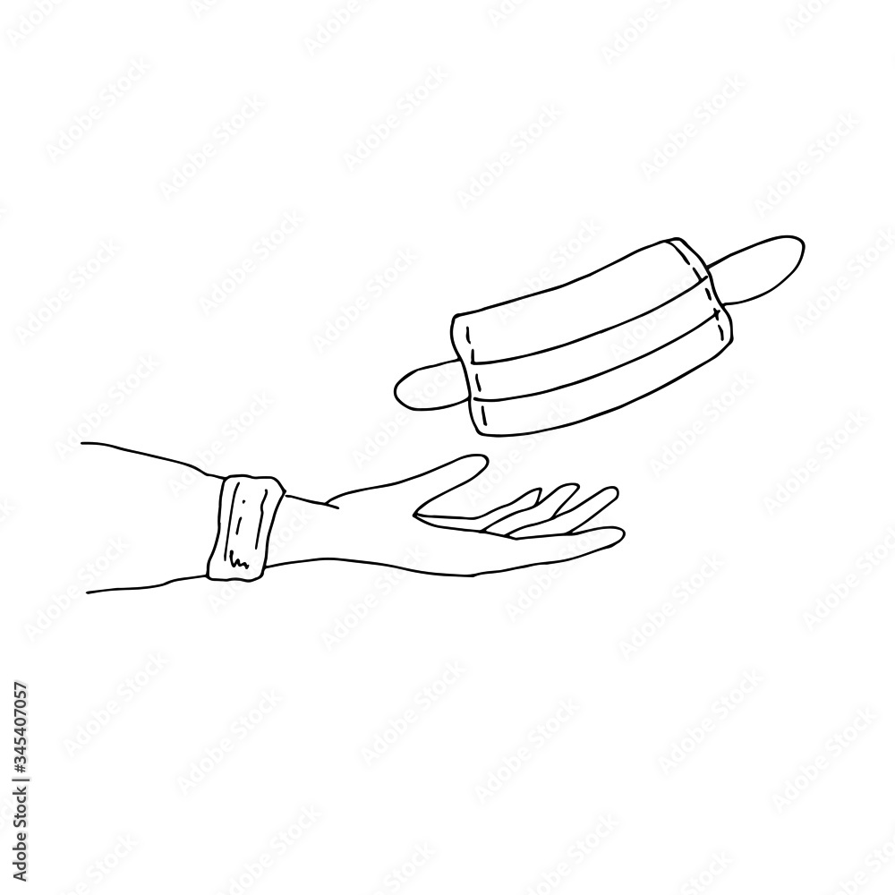 Hand with a medical mask. Line art. Vector illustration. Hand with a medical mask. Line art. Vector illustration.