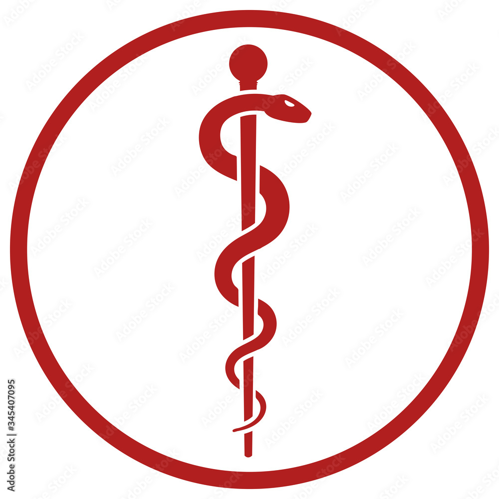 Medical sign symbol - Staff of Asclepius or Caduceus icon in the circle. The snake entwined around a wooden staff. Other name Rod of Aesculapius.
