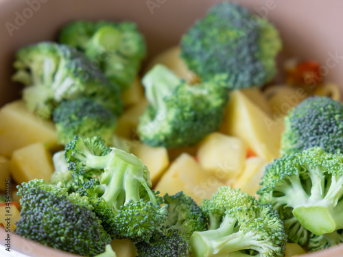 Broccoli sliced fresh vegetables in a pan.