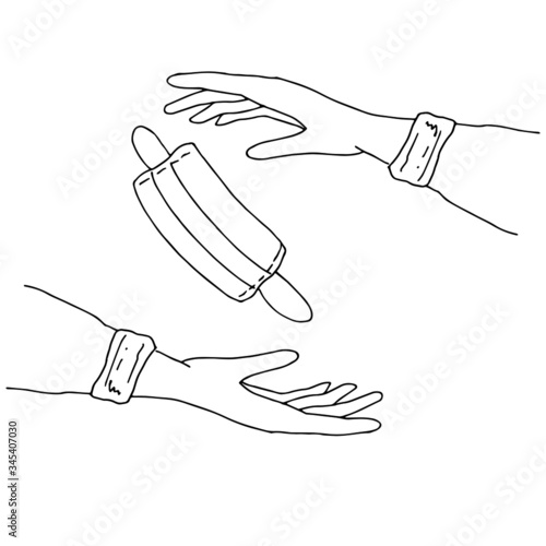 Two hands with a medical mask. Line art. Vector illustration.