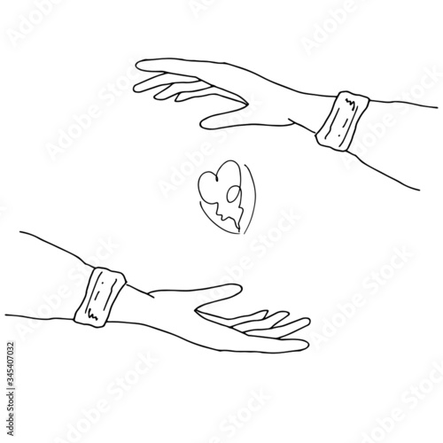 Two hands hold a heart. Line art. Vector illustration.