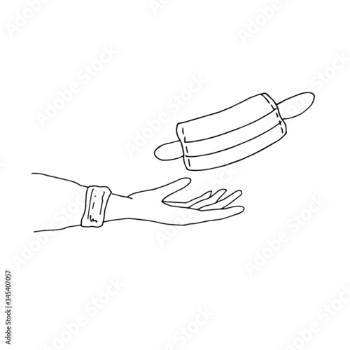 Hand with a medical mask. Line art. Vector illustration.