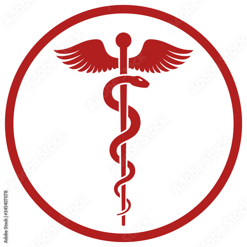 Medical sign symbol - Staff of Asclepius or Caduceus with wings icon in the circle. The snake entwined around a wooden staff with wings. Other name Rod of Aesculapius.