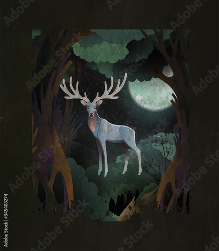 Fairytale cover illustration silver king stag in front of dark magic forest and fool moon