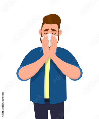 Young man sneezing and holding tissue. Sick person blowing runny nose. Male character covering with handkerchief. Unhealthy human suffering from cold and flu. Cartoon illustration design in vector.