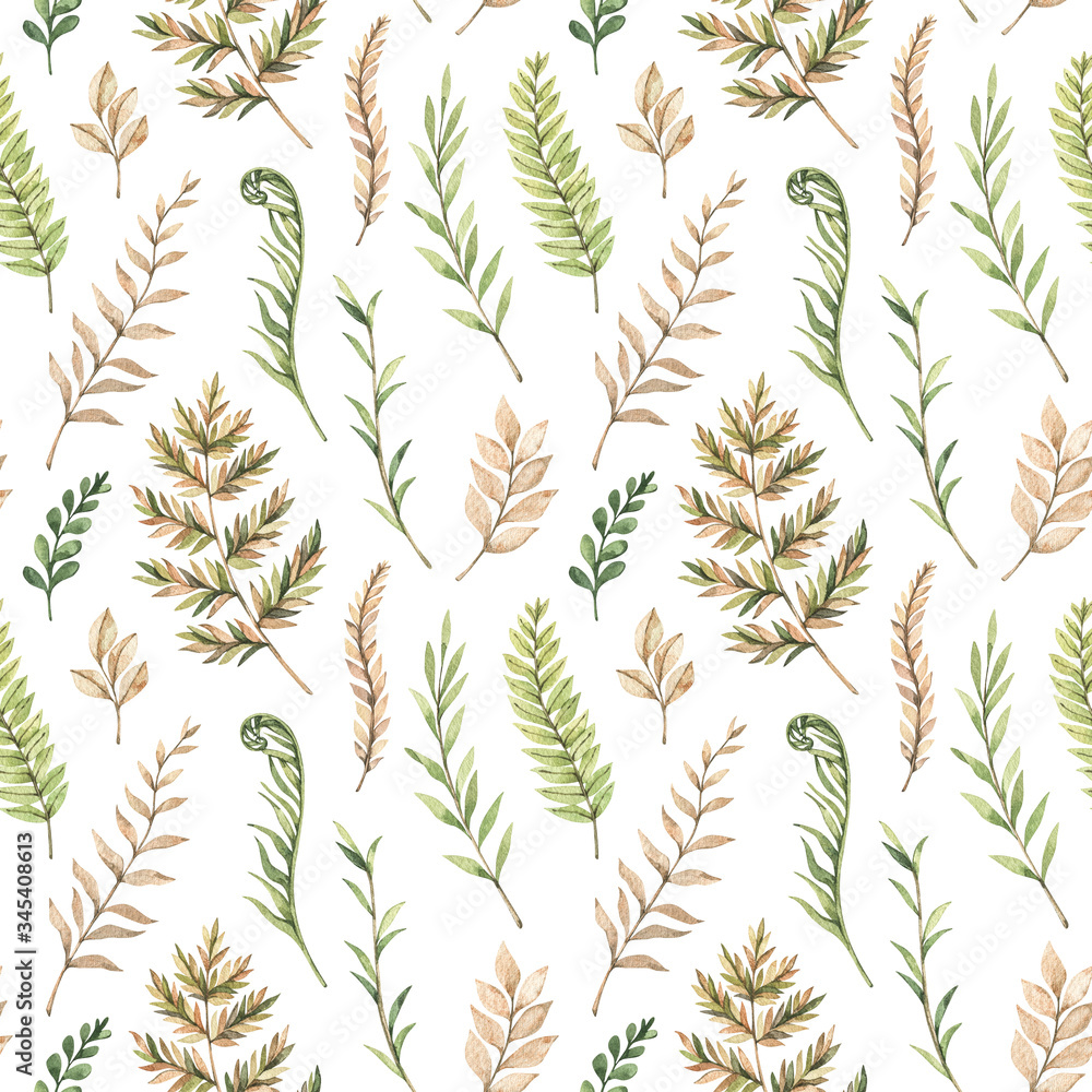 Greenery watercolor seamless pattern. Botanical background with green branches, leaves and fern illustrations. Floral Design. Perfect for invitations, wrapping paper, textile, fabric, poster, packing Greenery watercolor seamless pattern. Botanical background with green branches, leaves and fern illustrations. Floral Design. Perfect for invitations, wrapping paper, textile, fabric, poster, packing
