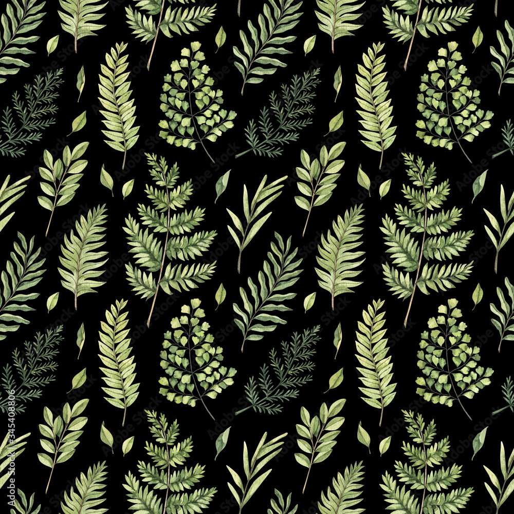 Greenery watercolor seamless pattern. Botanical black background with green branches, leaves and fern illustrations. Floral Design. Perfect for invitations, wrapping paper, textile, fabric, packing