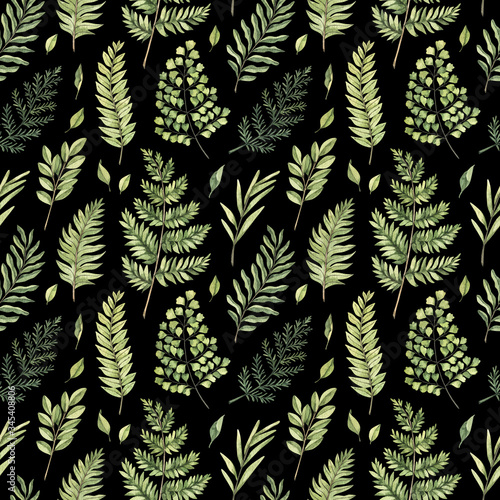 Greenery watercolor seamless pattern. Botanical black background with green branches, leaves and fern illustrations. Floral Design. Perfect for invitations, wrapping paper, textile, fabric, packing