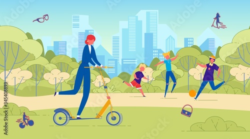 Businesswoman Riding Scooter in Park Lifestyle