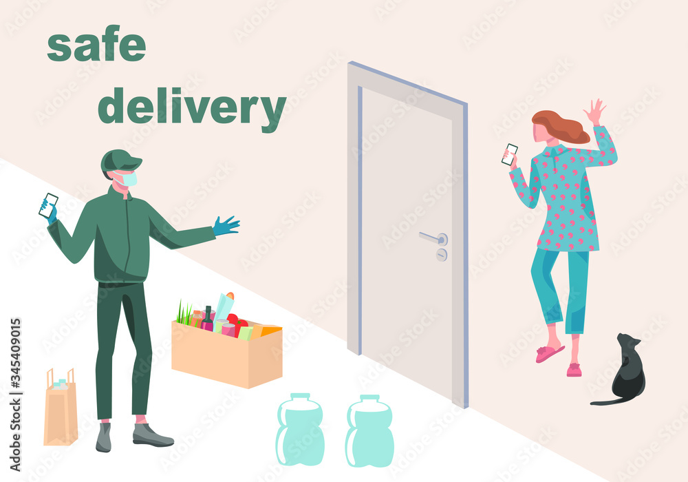 The concept of safe delivery during the coronavirus (COVID-19). Courier in a protective mask and gloves delivered box with groceries and bottles of water. Woman waiting for him near the door The concept of safe delivery during the coronavirus (COVID-19). Courier in a protective mask and gloves delivered box with groceries and bottles of water. Woman waiting for him near the door