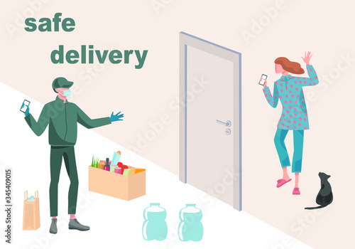 The concept of safe delivery during the coronavirus (COVID-19). Courier in a protective mask and gloves delivered box with groceries and bottles of water. Woman waiting for him near the door