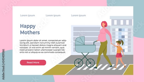 Pregnant Woman Crossing Road with baby, Stroller.