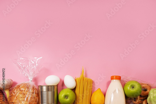 food on a rose background, a view of the top of the layout