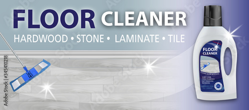 Floor cleaner. Disinfectant cleaner for washing floors. Mop cleaning. Package design realistic illustration. Advertisement poster layout or horizontal banner.