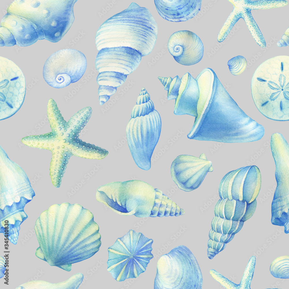 Seamless pattern with underwater life objects - blue sea shells, marine starfish. Watercolor hand drawn painting illustration isolated on gray background.
