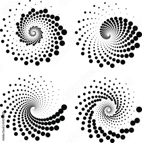 Set of black vortex form shape with halftone dots. Geometric art. Trendy design element for frame, logo, tattoo, sign, symbol, web, prints, posters, template, pattern and abstract background