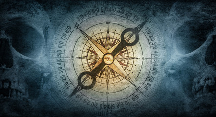 Skull of an old sailor pirate and vintage compass on a background of old paper. Symbol of travel, adventure, geographical discoveries, history, treasure hunt. Pirate and nautical theme background.