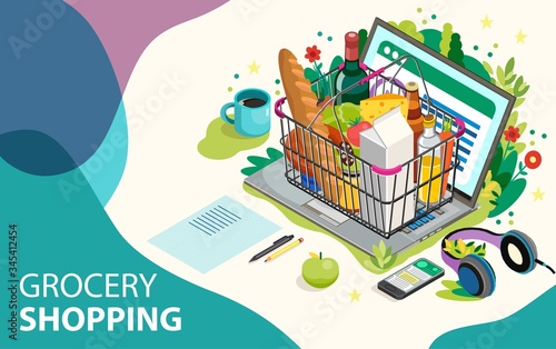 Grocery shopping online concept. Smartphone screen with supermarket basket.