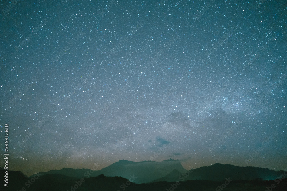 Malaysia, 3 May 2020 - Mount Kinabalu at night with starry sky