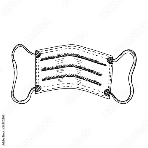 Black sketch of medical mask, respirator isolated on white background. Hand drawn vector illustration in graphic outline style. Tool of individual protection for doctors, nurses during pandemic.