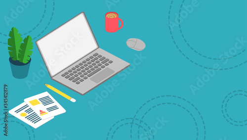 isometric style illustration of working space desk in blue tone color background