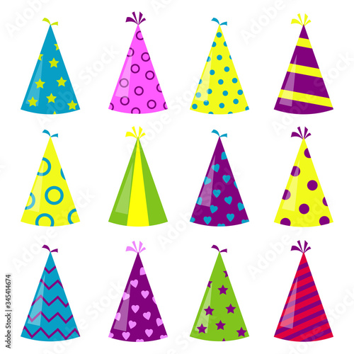 Twelve unique, bright, colored, festive caps on a white background. Hats in the shape of a cone for various happy holidays. Vector illustration. Stock Photo.