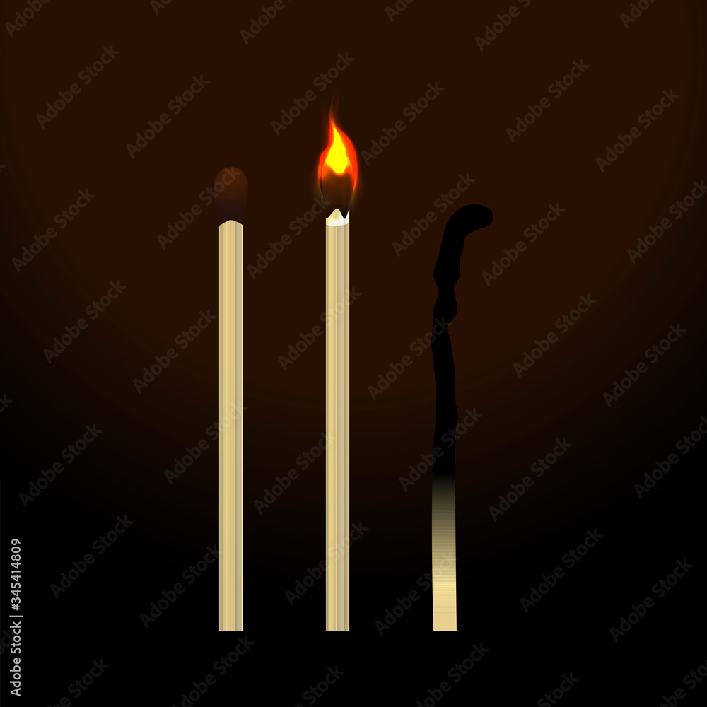 Three matches in different condition on a black background. A whole match, a burning match, a burnt match. Vector illustration. Stock Photo. Three matches in different condition on a black background. A whole match, a burning match, a burnt match. Vector illustration. Stock Photo.
